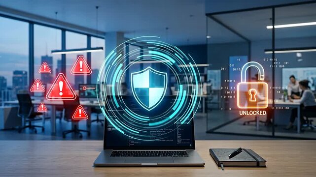 A modern office workspace with shield alerts and unlocked padlock on a laptop for cybersecurity and data protection risk