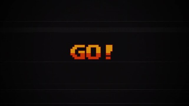 Retro 8-Bit GO! Pixel Text Animation with Glitch Effect, Vintage Arcade Game Start Screen, CRT TV Static Interference, 1980s Nostalgia Motion Graphic 4k video