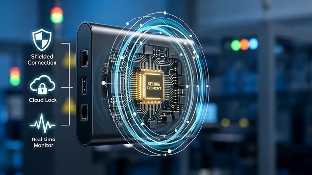 A smart factory IoT gateway with glowing secure chip and firewall for cybersecurity and data protection systems