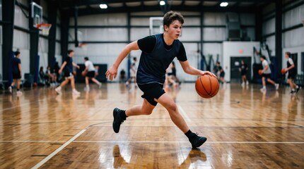 Fototapeta premium Teenager dribbling basketball on indoor court. Young boy playing sport in gymnasium during training session. Athletic student exercising and active lifestyle concept for competition.
