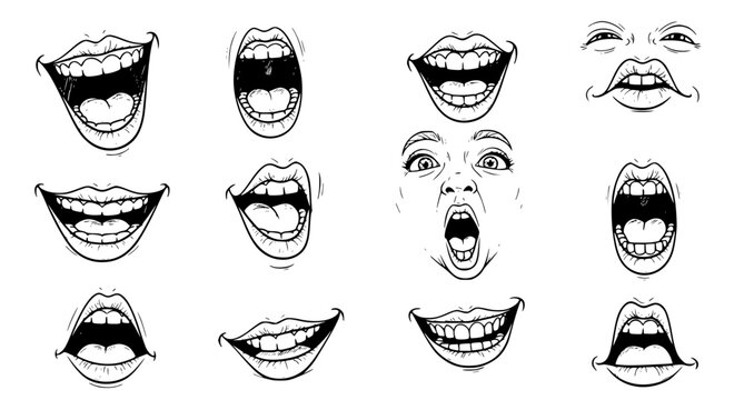 Human mouth and lips expression icon set in black and white line art vector style for comic and character design projects
