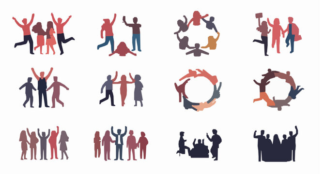 People silhouette group activity collection in flat color vector style for diversity and community themed graphic design projects