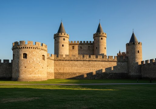 Imposing medieval stone castle structure standing tall with rugged walls, deep moat, and high defensive towers under a clear afternoon sky ,ancient ,tourism ,saga