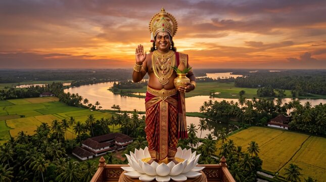 Lord dhanvantari statue standing on a lotus with scenic landscape