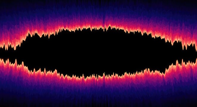 Abstract digital visualization showing a deep void or abrupt blank space within a continuous undulating frequency wave pattern or signal ,oscillation ,null ,digital