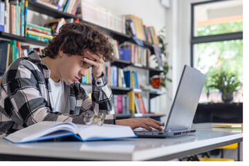 Teenager struggling with studying and losing focus, boredom and low motivation concept
Student feeling unmotivated while studying online, concentration problems and academic difficulty