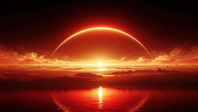 Vivid red alien planet sunrise above calm ocean water with glowing horizon and cloudy red sky. Science fiction space landscape with dramatic warm lighting.