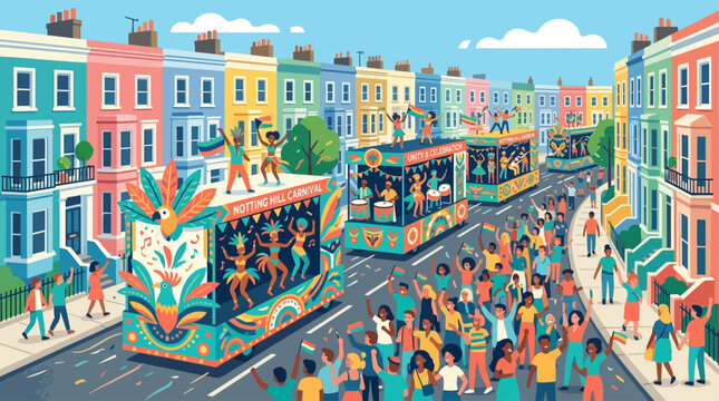 A vibrant flat design illustration showcasing elaborate carnival floats as they make their way through the streets of London during the Notting Hill Carnival parade.