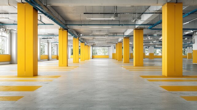 Empty modern industrial warehouse interior with concrete pillars and polished floor, large bringing light in windows