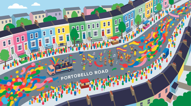 An abstract flat design illustration providing an overhead view of the Notting Hill Carnival, depicting the dynamic flow of the crowd and parade through the streets.