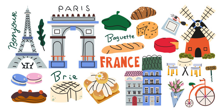 Trip to France stickers set in cartoon doodle style. French landmarks, culture, food, Eiffel Tower, croissant and cheese. French vacation and sightseeing vector collection