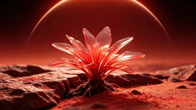 Glowing transparent red alien plant grows on rocky red extraterrestrial planet surface with large planet arc in dark background. Science fiction alien life concept.