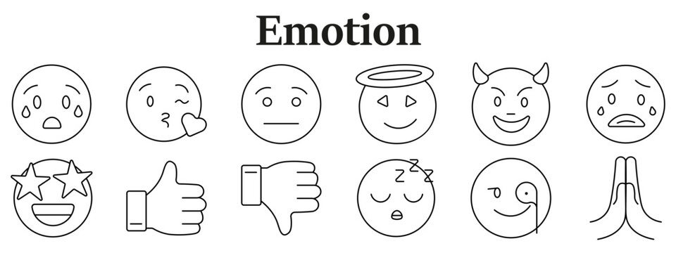 Emotion set icon. Line icons depict crying face, kiss expression, neutral face, halo smile, devil smile, sad cry, star eyes, thumbs up, thumbs down, sleeping face, dizzy face, praying hands