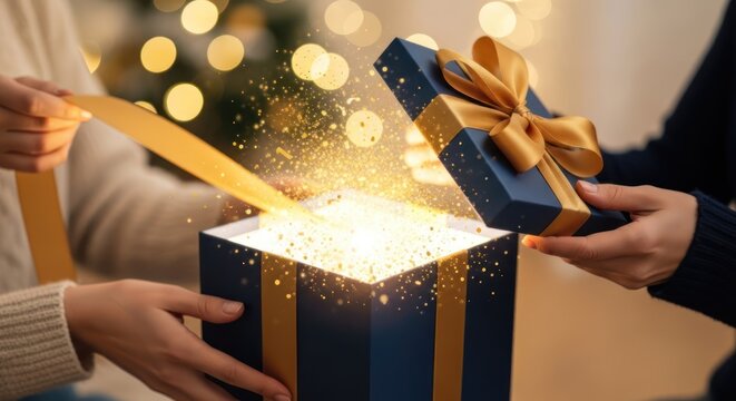 Two hands open a blue gift box with a golden ribbon, revealing a glowing interior. The background is softly lit with bokeh lights, suggesting a festive or celebratory setting.