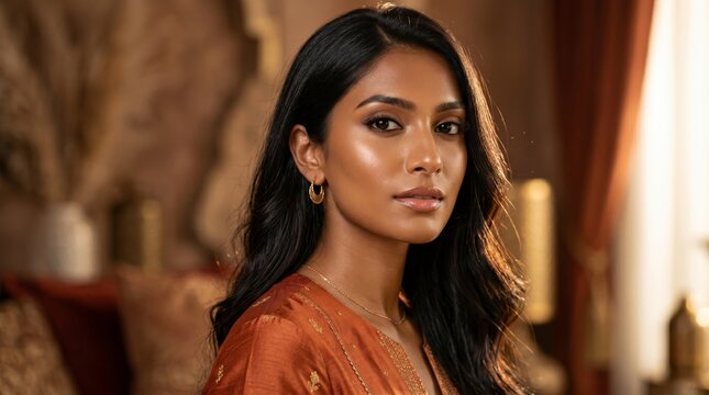A breathtaking Indian female model with radiant golden-brown skin stands gracefully in a luxurious cinematic portrait setup inspired by premium beauty campaigns. She has expressive deep eyes, long sil
