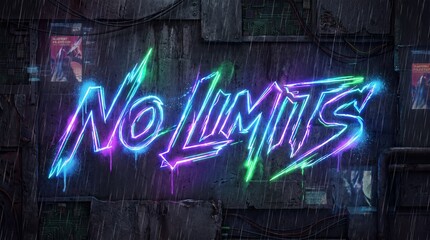 Fototapeta premium Vibrant neon graffiti on industrial wall with No Limits message in rain