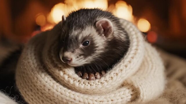 Ferret resting in a warm knitted blanket in front of soft background