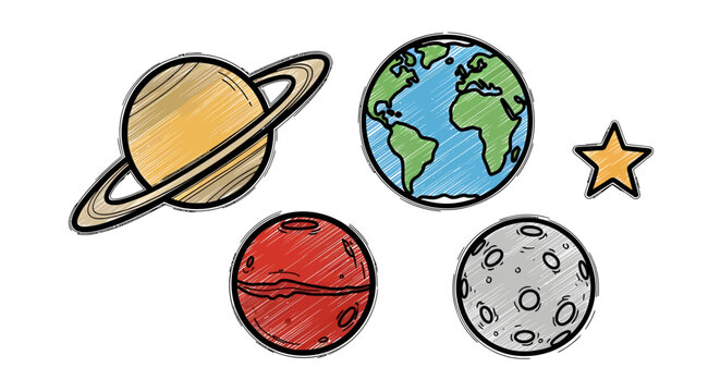 Space Exploration doodle icons illustrate planets and celestial bodies