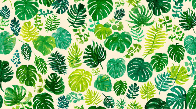 A watercolor watercolor style has been used to create a vibrant tropical leaves pattern with various exotic foliage such as monstera and palm fronds in rich green and lime hues on a clean light cream 
