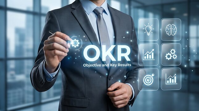 Businessman Interacting with Futuristic OKR Interface Displaying Goals, Strategy, and Performance Metrics in Modern Office