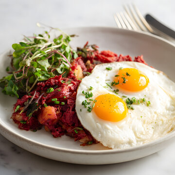 Corned beef hash, two fried eggs, and fresh herbs make for a hearty breakfast that's served on a white plate, and the photography is delicious.
