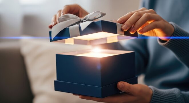 A person opens a glowing gift box with a ribbon, revealing a bright light inside. The setting appears to be indoors, possibly in a living room, with soft lighting and a blurred background.