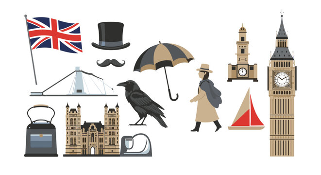 Iconic symbols of London and United Kingdom culture include Big Ben, the Union Jack flag, a raven, and traditional items like a top hat.
