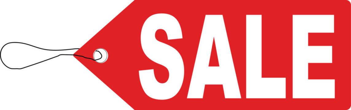 Red sale tag vector illustration, hanging price label with white text, retail discount promotional badge for e-commerce and shopping marketing