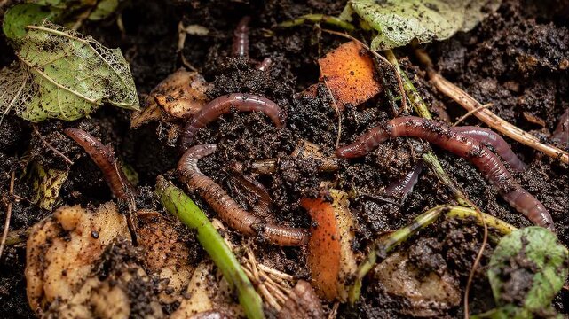 Slow sustainable living earthworm compost heap feeding kitchen scraps enriching and nourishing soil by decaying organic matter and decomposing