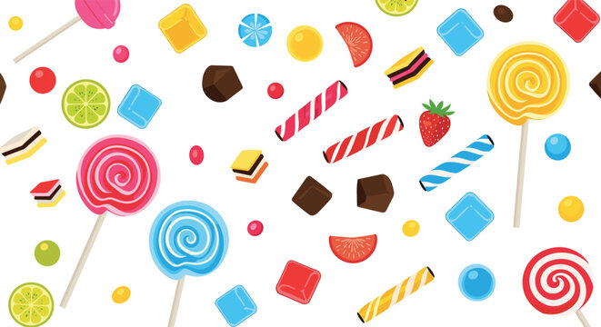 Colorful seamless pattern is filled with various candies such as lollipops, fruit slices, chocolates, and striped peppermint sticks.
