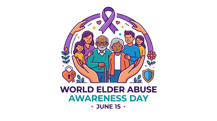 Obraz premium World Elder Abuse Awareness Day vector illustration with senior family, caring hands, purple awareness ribbon, protection support symbols and elderly rights advocacy concept