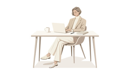 Fototapeta premium Elegant Businesswoman Working on Laptop at Minimalist Desk Calm Minimal Workspace Vogue Style Illustration