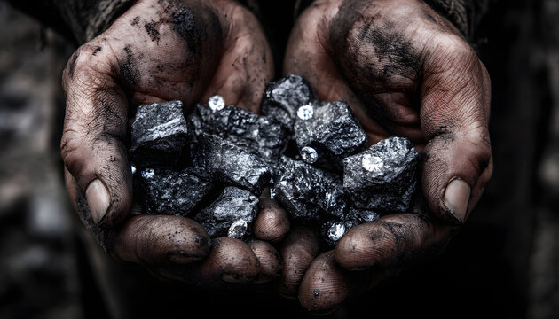 The use of dirty hands to hold rough coal pieces with small clear diamonds reflects the importance of raw resources, hard labor, and the value extracted from the earth.