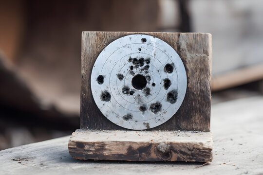 A shot of a previously used round steel shooting target on a wooden block stand with fresh and old bullet marks following range practice