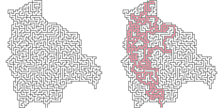 Bolivia map shaped maze with solution. Country outline labyrinth puzzle, black and white flat vector illustration