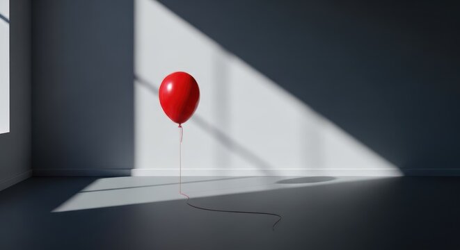 A red balloon floats in a minimalist room with sunlight streaming through a window, casting shadows on the wall and floor.