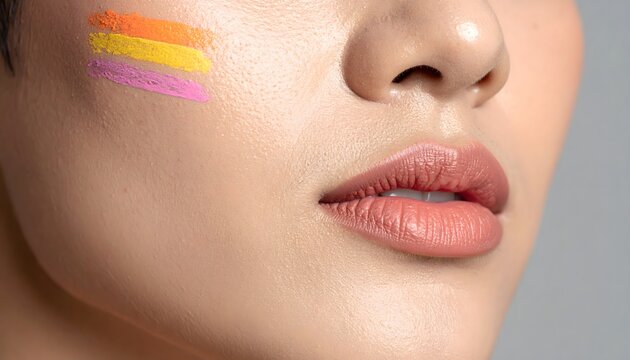 Primer plano de rostro femenino con maquillaje de l&iacute;neas de colores sobre la mejilla