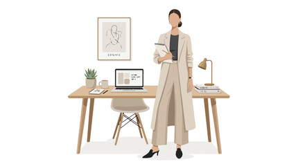 Fototapeta premium Minimalist Business Woman Standing in a Calm and Chic Office Workspace with Desk, Laptop, and Plant, Vogue Style Illustration