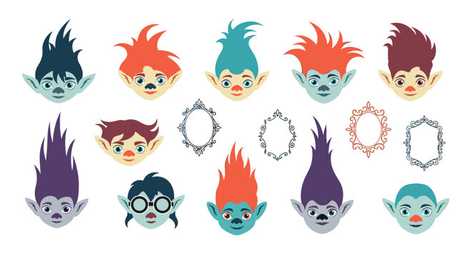 Fun set of cartoon troll heads featuring colorful skin expressive faces and various gravity defying wild hairstyles in bright vivid colors.
