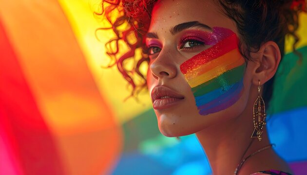 Mujer de perfil con maquillaje arco&iacute;ris en el rostro y bandera de colores al fondo como s&iacute;mbolo de orgullo y diversidad