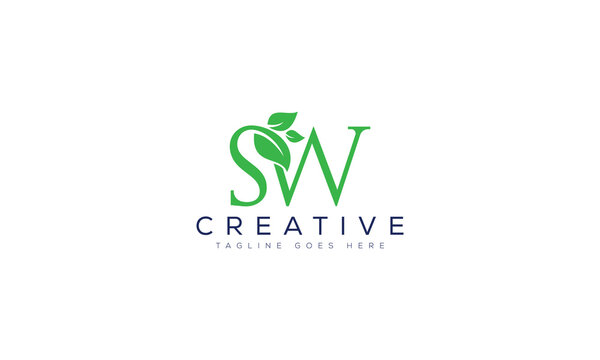 Eco-friendly logo with letter s and w intertwined with green leaves, creative