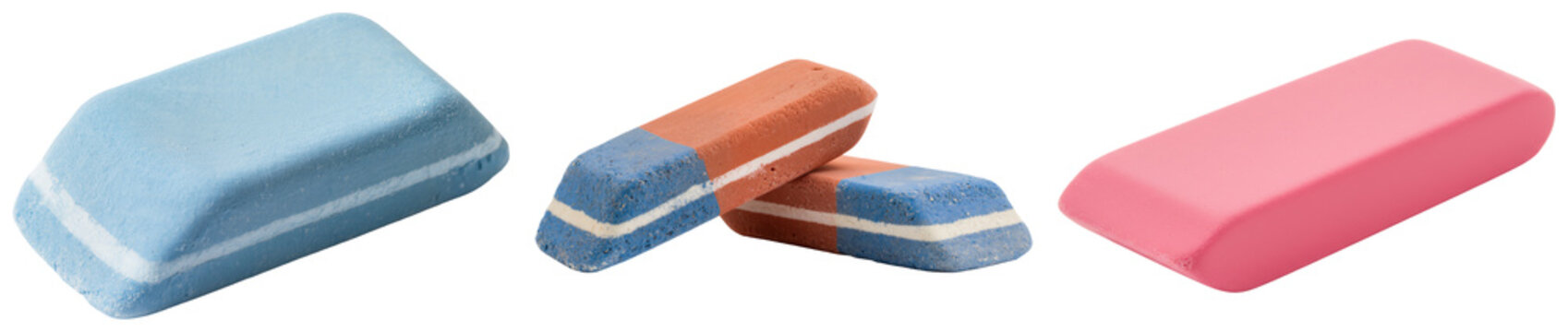 Three erasers of different colors and shapes isolated on a transparent background