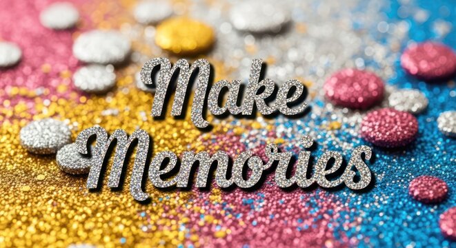 The word 'Make Memories' is prominently displayed in a glittery, silver font against a vibrant background of scattered glitter in pink, gold, and blue hues. 