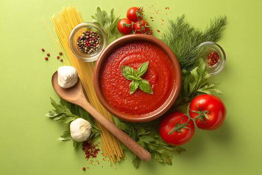 Close-up image of a bowl of delicious tomato sauce and ingredients on a green background.