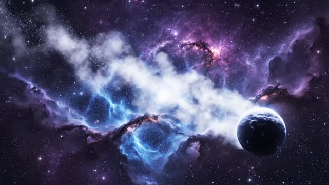 Dynamic Cosmic Space Explosion with Nebulae and Planetary Trails in a Stunning Astral Scene