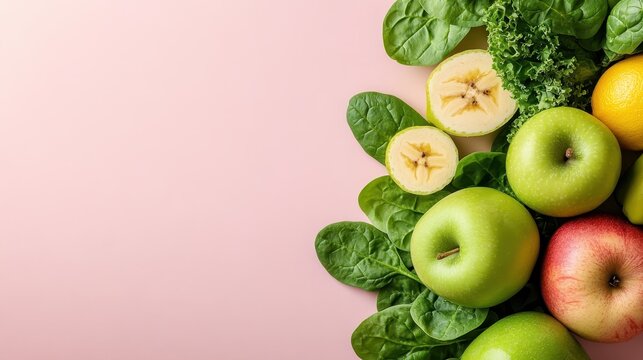 A colorful assortment of fresh fruits and greens artfully arranged against a soft pink background, emphasizing health, vitality, and the beauty of nature's bounty.