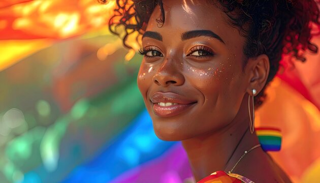Retrato de mujer sonriendo con bandera arco&iacute;ris al fondo en una celebraci&oacute;n al aire libre
