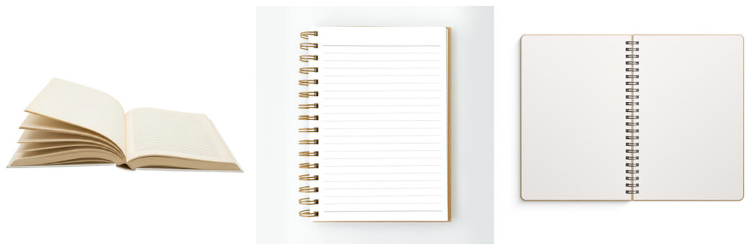 Three open notebooks and books with blank pages, isolated on white background