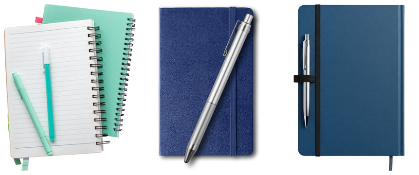 Collection of notebooks and pens isolated on transparent background