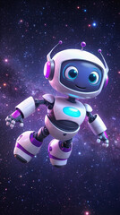 Fototapeta premium Small friendly android floating in deep space. Futuristic robot character exploring galaxy with stars and nebulae in background.